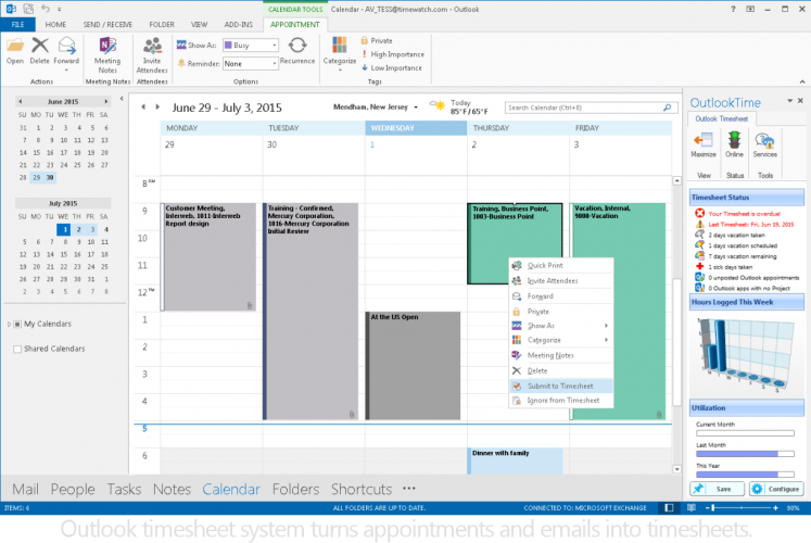 Outlook time tracking and timesheet system